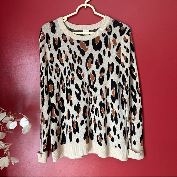 a new day Sweaters - a new day Cream and Black Crew Neck Sweater with Bold Leopard Print